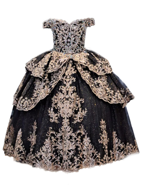 Little Girls Black Glittery Gold Embroidered Off Shoulder Ball Gown 3-6 - SophiasStyle.com